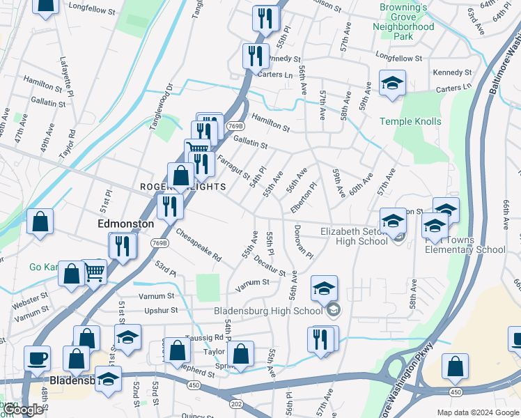 map of restaurants, bars, coffee shops, grocery stores, and more near 5001 55th Avenue in Hyattsville