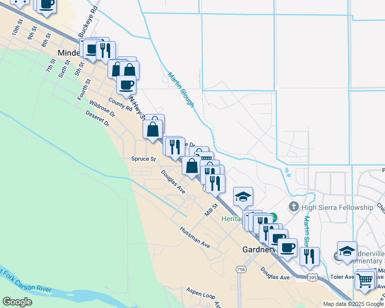 map of restaurants, bars, coffee shops, grocery stores, and more near Gardner Drive in Gardnerville