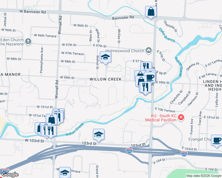 map of restaurants, bars, coffee shops, grocery stores, and more near 9919 McGee Street in Kansas City