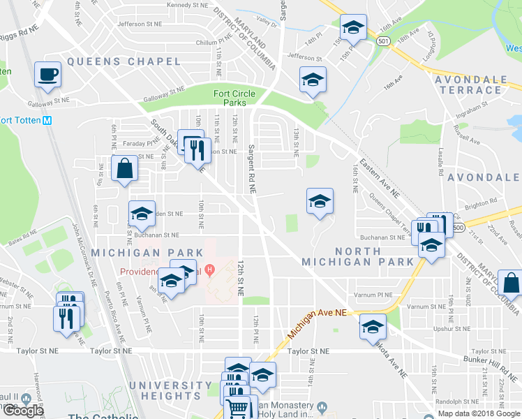 map of restaurants, bars, coffee shops, grocery stores, and more near 4715 Sargent Road Northeast in Washington