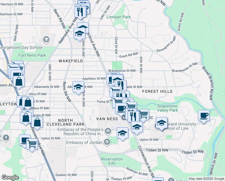 map of restaurants, bars, coffee shops, grocery stores, and more near 4432 Connecticut Avenue Northwest in Washington