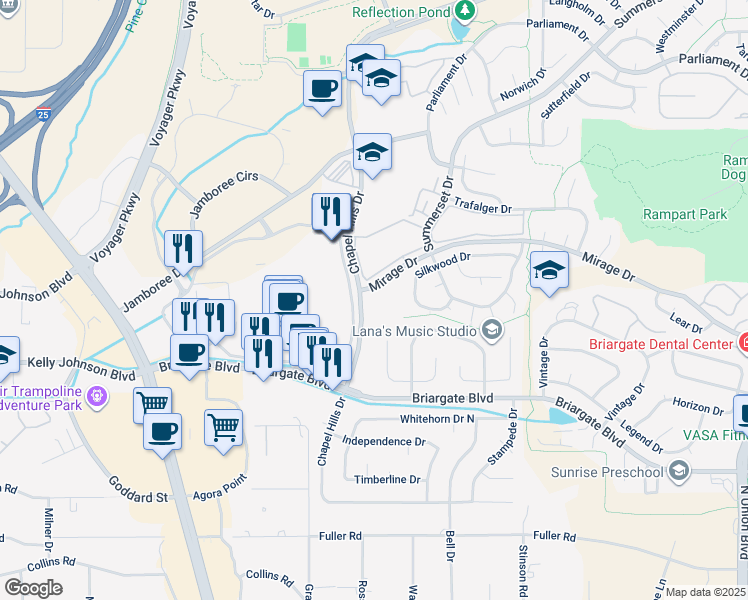 map of restaurants, bars, coffee shops, grocery stores, and more near 1702 Chapel Hills Dr in Colorado Springs