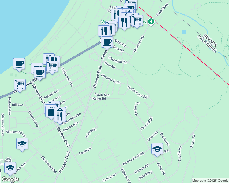 map of restaurants, bars, coffee shops, grocery stores, and more near 3828 Brian Lane in South Lake Tahoe