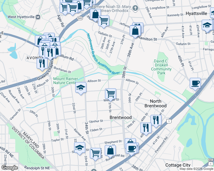 map of restaurants, bars, coffee shops, grocery stores, and more near 4518 37th Street in Brentwood