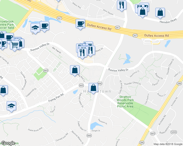 map of restaurants, bars, coffee shops, grocery stores, and more near 2384 Woodland Pond Lane in Herndon