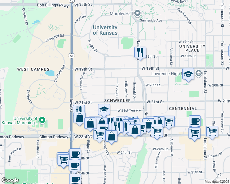 map of restaurants, bars, coffee shops, grocery stores, and more near 1620 West 20th Terrace in Lawrence