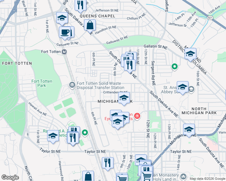 map of restaurants, bars, coffee shops, grocery stores, and more near 4804 8th Street Northeast in Washington