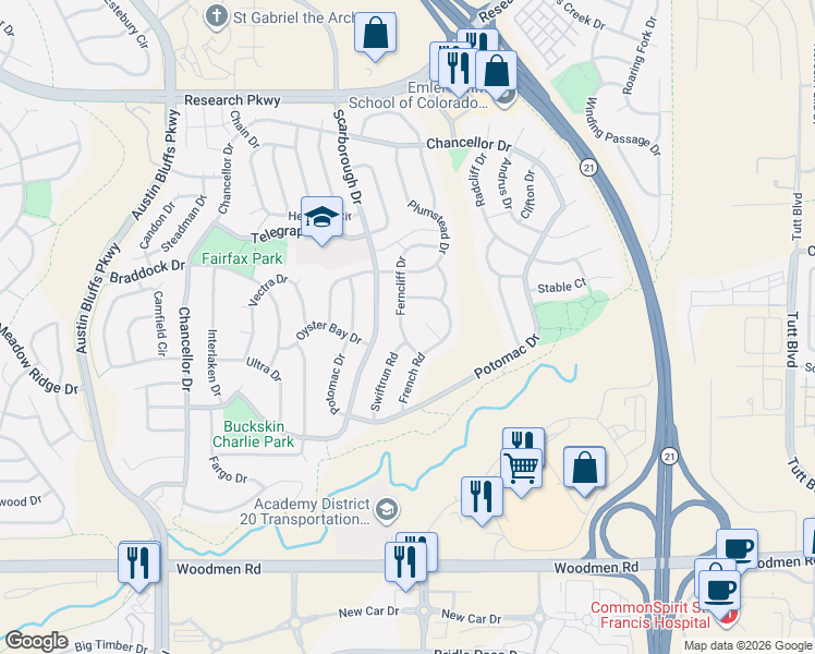 map of restaurants, bars, coffee shops, grocery stores, and more near 7925 Ferncliff Drive in Colorado Springs