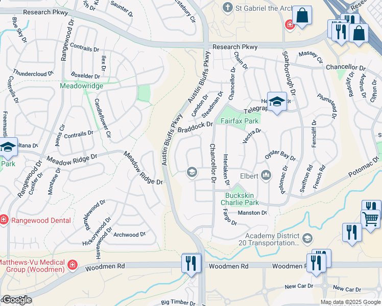 map of restaurants, bars, coffee shops, grocery stores, and more near 8010 Sangor Drive in Colorado Springs