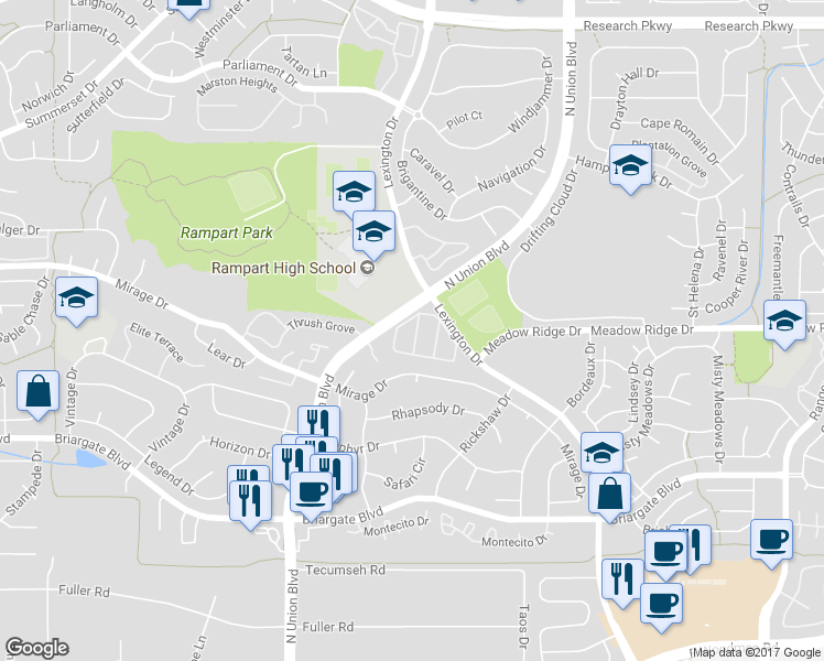 map of restaurants, bars, coffee shops, grocery stores, and more near 8067 Lexington Park Drive in Colorado Springs