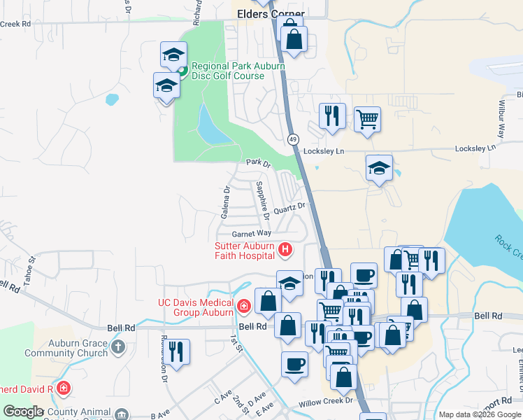 map of restaurants, bars, coffee shops, grocery stores, and more near 11563 Quartz Drive in Auburn