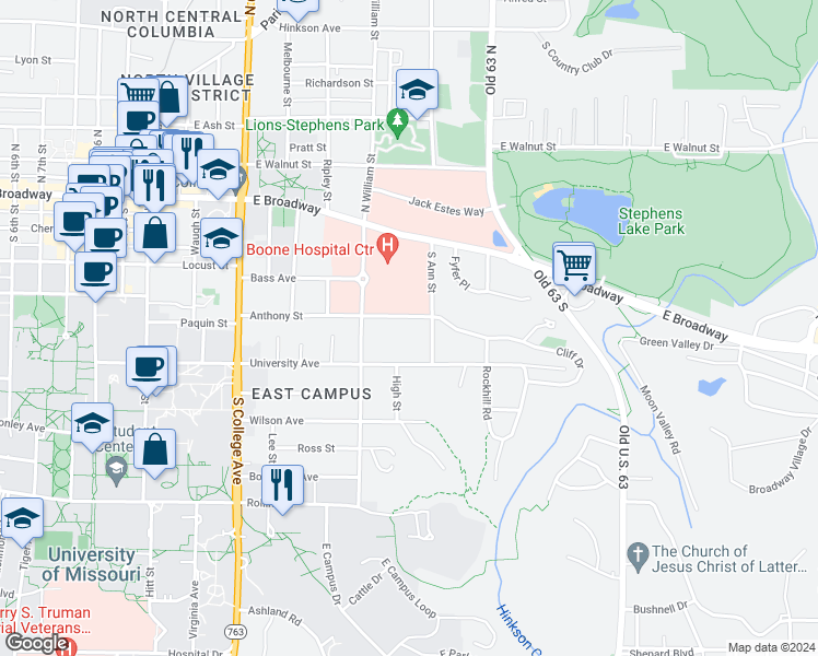 map of restaurants, bars, coffee shops, grocery stores, and more near 1612 Anthony Street in Columbia