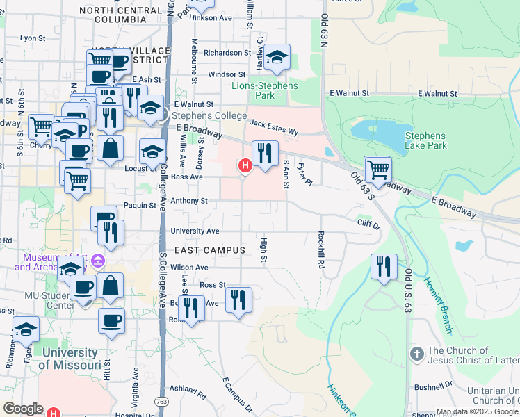 map of restaurants, bars, coffee shops, grocery stores, and more near 1612 Anthony Street in Columbia