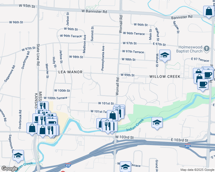 map of restaurants, bars, coffee shops, grocery stores, and more near 10000 Wornall Road in Kansas City