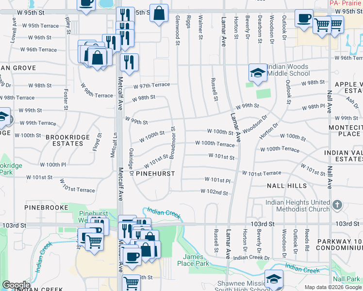 map of restaurants, bars, coffee shops, grocery stores, and more near 6701 West 100th Terrace in Overland Park