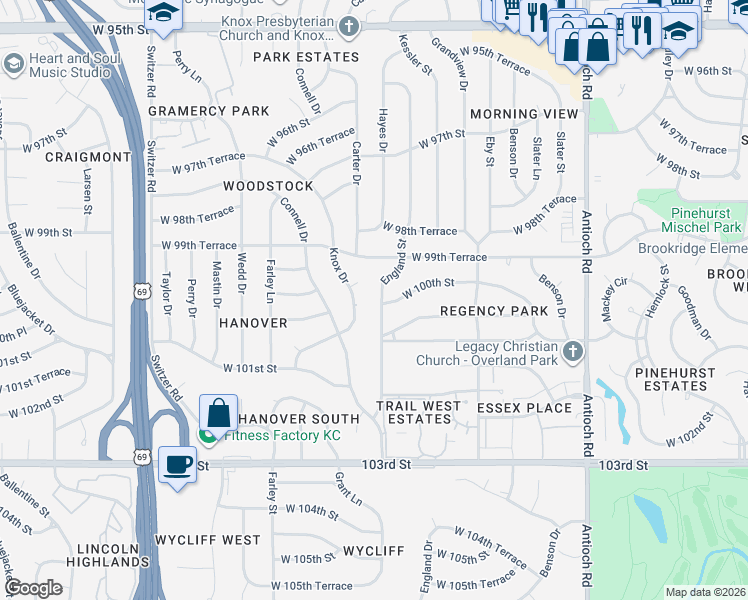 map of restaurants, bars, coffee shops, grocery stores, and more near 9308 West 100th Street in Overland Park