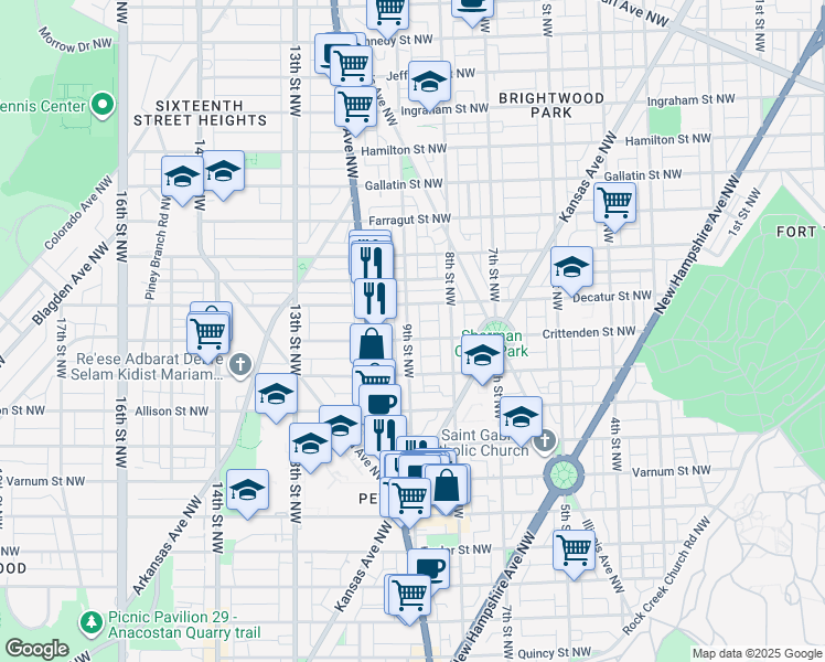map of restaurants, bars, coffee shops, grocery stores, and more near 4705 9th Street Northwest in Washington