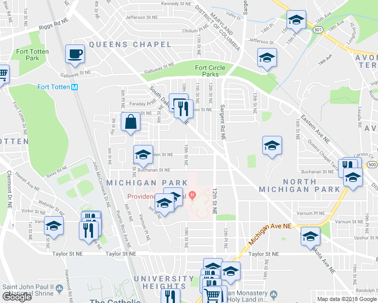 map of restaurants, bars, coffee shops, grocery stores, and more near 4803 10th Street Northeast in Washington