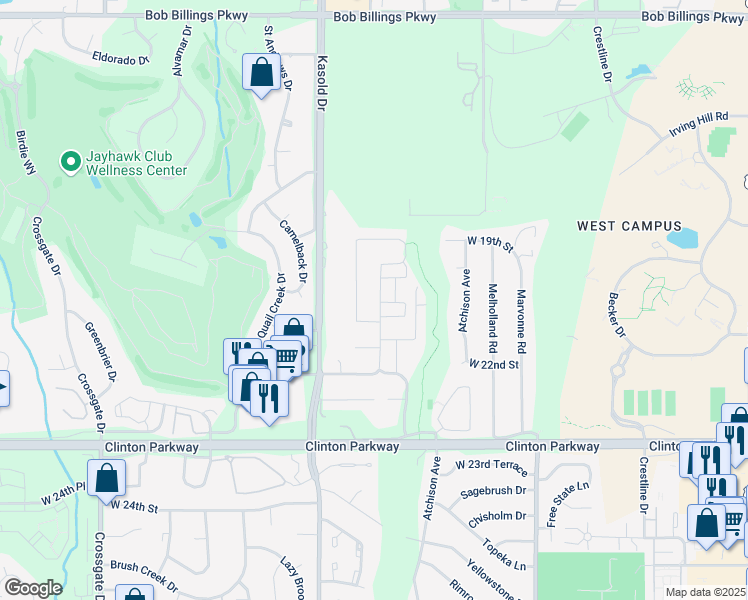 map of restaurants, bars, coffee shops, grocery stores, and more near 2071 Heatherwood Drive in Lawrence