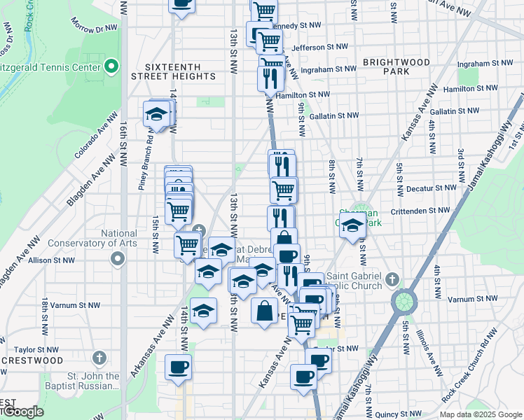 map of restaurants, bars, coffee shops, grocery stores, and more near 1213 Crittenden St NW in Washington
