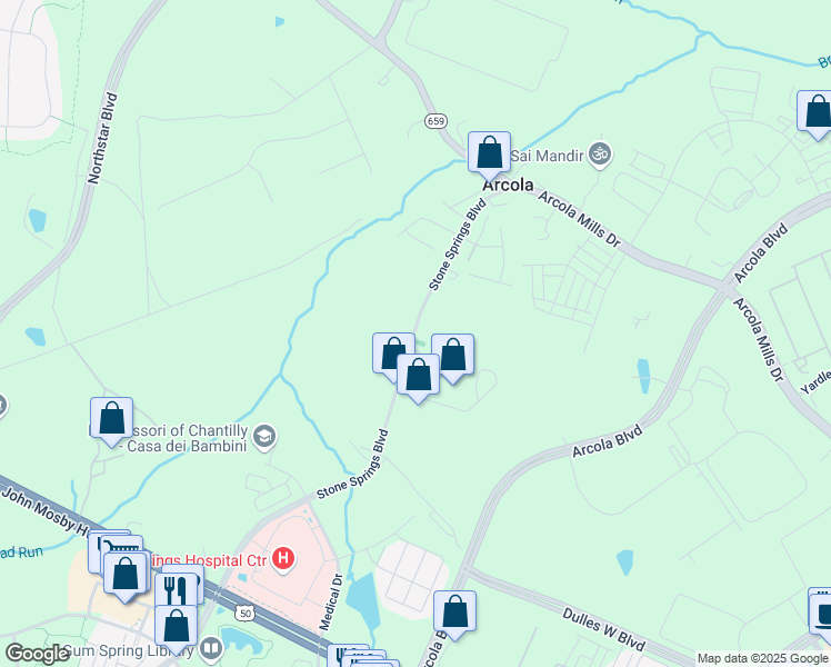 map of restaurants, bars, coffee shops, grocery stores, and more near Stone Springs Boulevard in Sterling