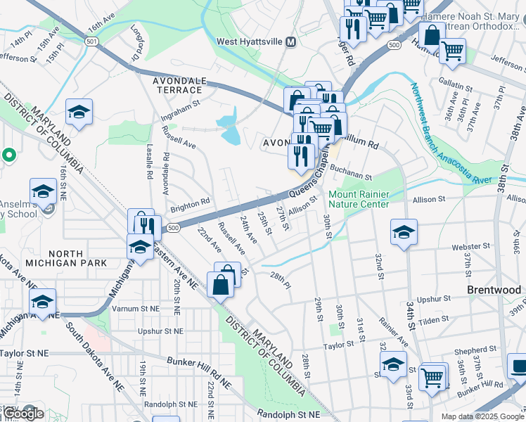 map of restaurants, bars, coffee shops, grocery stores, and more near 4703 25th Street in Mount Rainier