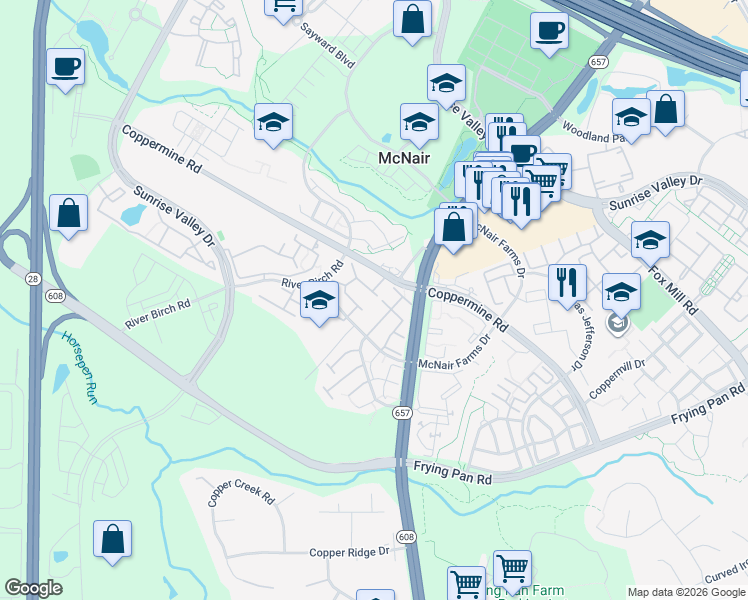 map of restaurants, bars, coffee shops, grocery stores, and more near 2566 Banshire Drive in Herndon