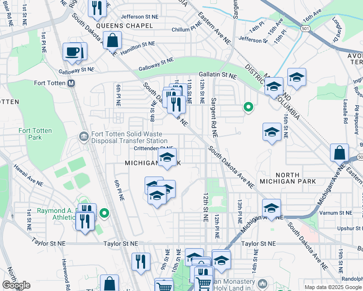 map of restaurants, bars, coffee shops, grocery stores, and more near 4803 10th Street Northeast in Washington