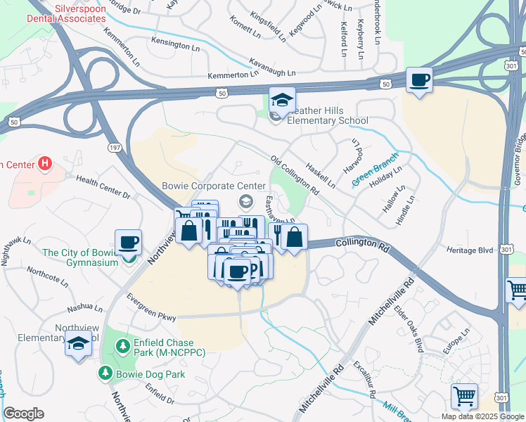 map of restaurants, bars, coffee shops, grocery stores, and more near 15697 Easthaven Lane in Bowie