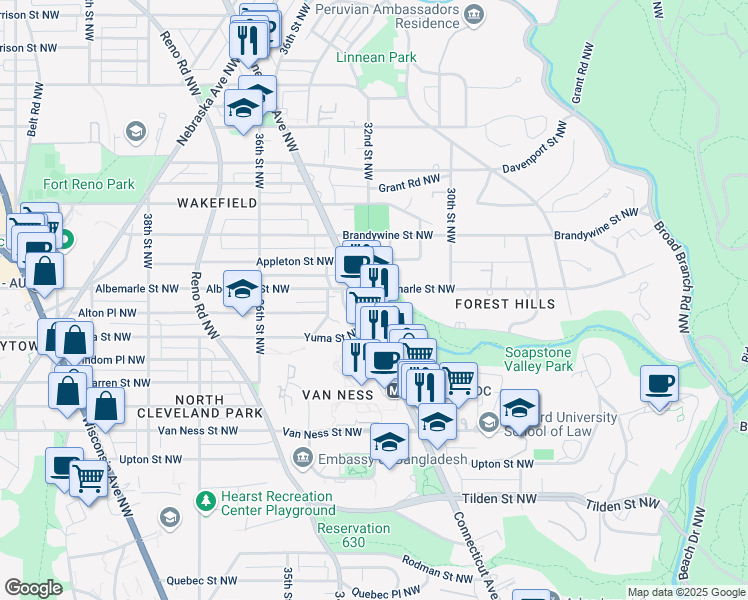 map of restaurants, bars, coffee shops, grocery stores, and more near 4473 Connecticut Avenue Northwest in Washington