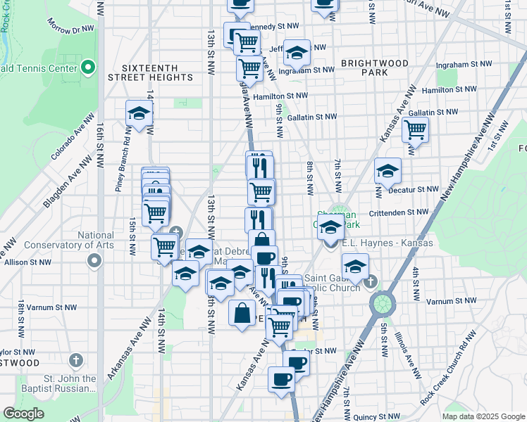 map of restaurants, bars, coffee shops, grocery stores, and more near 4707 Georgia Avenue Northwest in Washington
