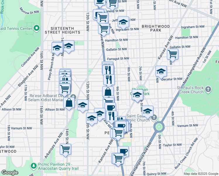 map of restaurants, bars, coffee shops, grocery stores, and more near 4707 Georgia Avenue Northwest in Washington