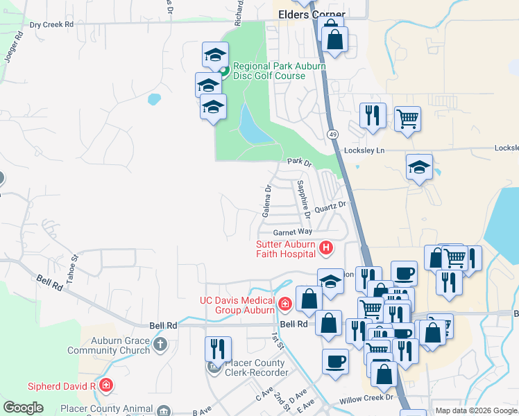 map of restaurants, bars, coffee shops, grocery stores, and more near 11493 Quartz Drive in Auburn