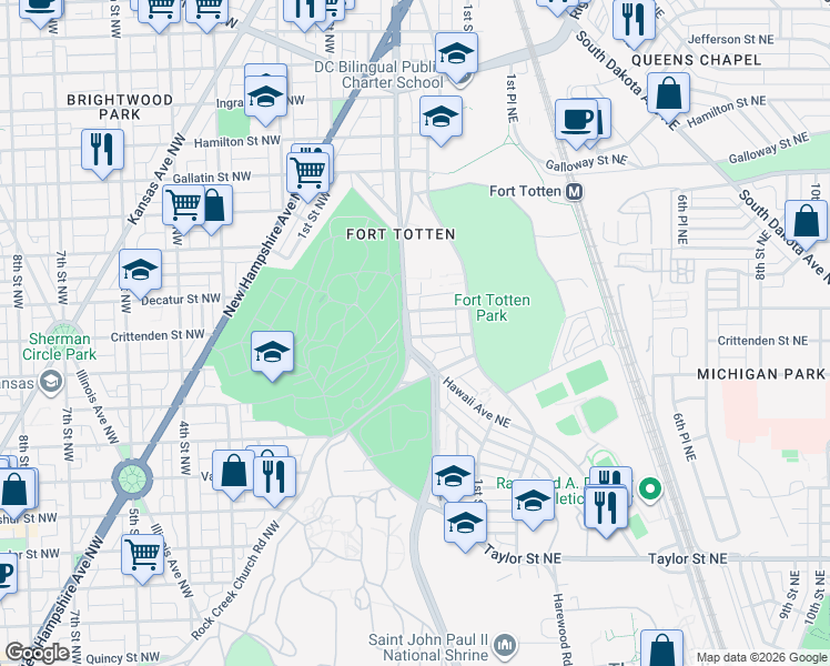 map of restaurants, bars, coffee shops, grocery stores, and more near 6 Buchanan Street Northeast in Washington