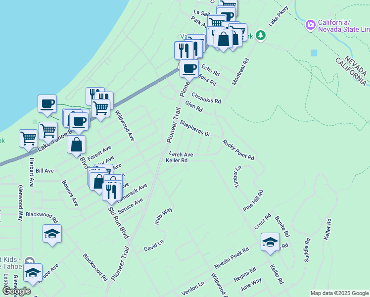 map of restaurants, bars, coffee shops, grocery stores, and more near 3821 Figueroa Lane in South Lake Tahoe