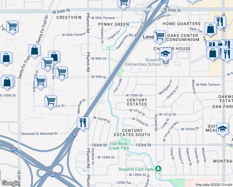 map of restaurants, bars, coffee shops, grocery stores, and more near 9969 Fair Lane Road in Lenexa