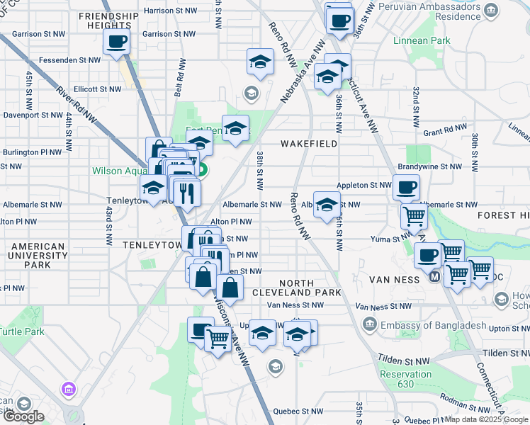 map of restaurants, bars, coffee shops, grocery stores, and more near 4415 38th Street Northwest in Washington