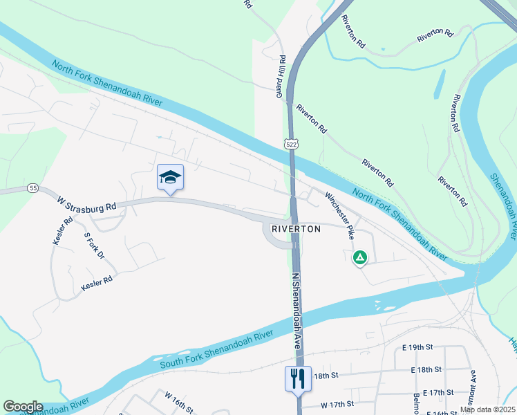 map of restaurants, bars, coffee shops, grocery stores, and more near 52 West Strasburg Road in Front Royal