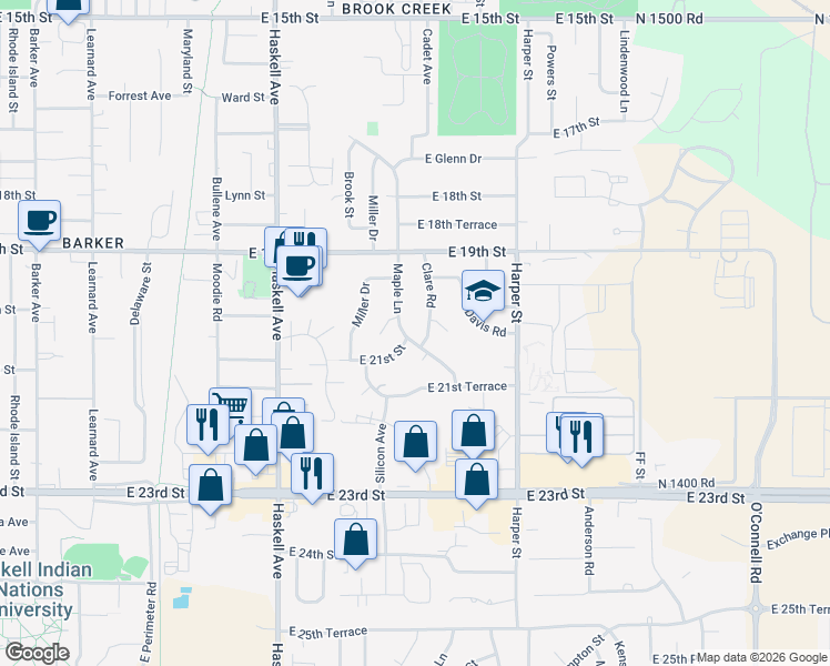 map of restaurants, bars, coffee shops, grocery stores, and more near 2010 Maple Lane in Lawrence