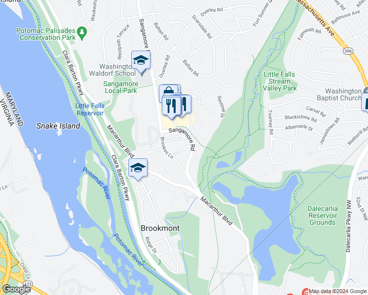map of restaurants, bars, coffee shops, grocery stores, and more near 4412 Sangamore Road in Bethesda
