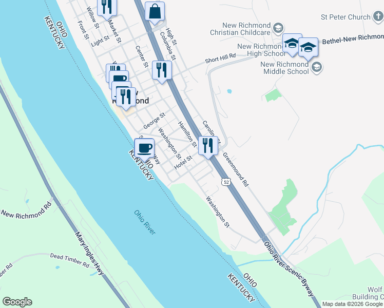 map of restaurants, bars, coffee shops, grocery stores, and more near 221 Hotel Street in New Richmond