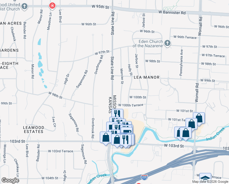 map of restaurants, bars, coffee shops, grocery stores, and more near 9919 State Line Road in Kansas City