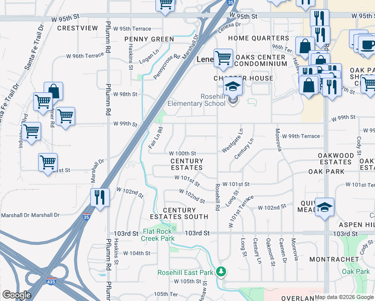 map of restaurants, bars, coffee shops, grocery stores, and more near 12900 West 100th Street in Lenexa