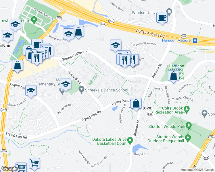 map of restaurants, bars, coffee shops, grocery stores, and more near 2405 Cypress Green Lane in Herndon