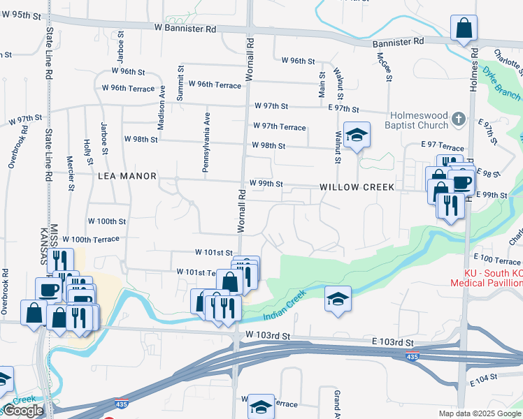 map of restaurants, bars, coffee shops, grocery stores, and more near 10000 Wyandotte Street in Kansas City