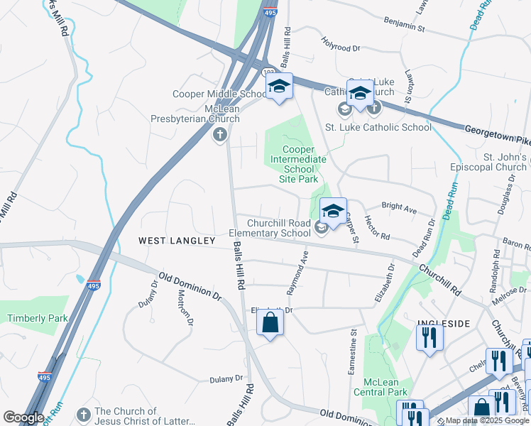 map of restaurants, bars, coffee shops, grocery stores, and more near 1055 Kinglet Court in McLean