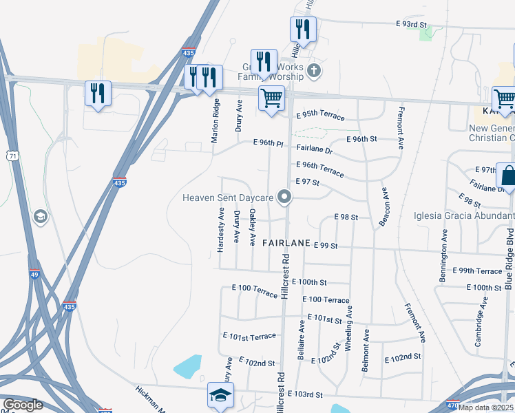map of restaurants, bars, coffee shops, grocery stores, and more near 9801 Oakley Ave in Kansas City