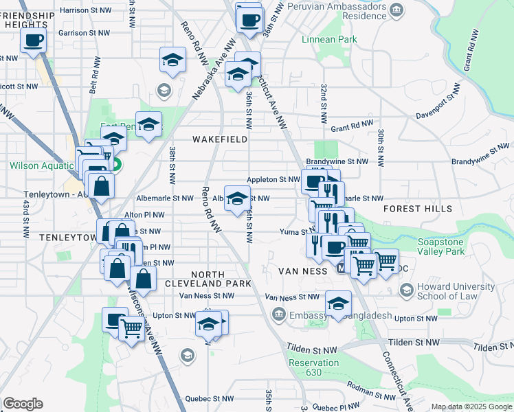 map of restaurants, bars, coffee shops, grocery stores, and more near 3558 Albemarle Street Northwest in Washington