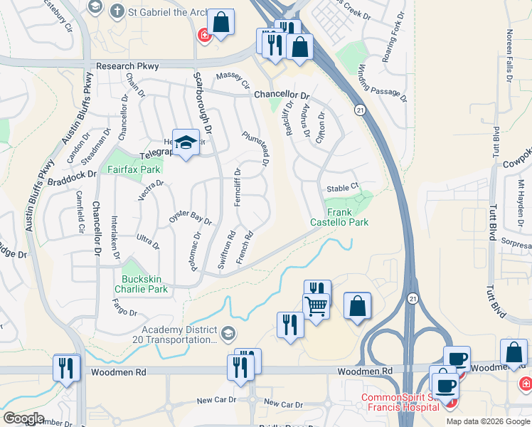 map of restaurants, bars, coffee shops, grocery stores, and more near 7934 French Rd in Colorado Springs