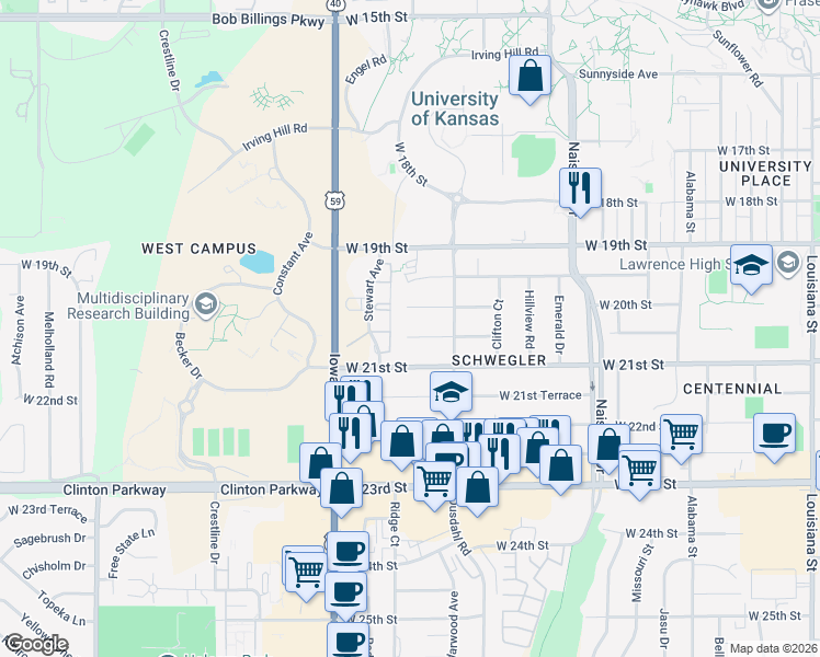 map of restaurants, bars, coffee shops, grocery stores, and more near 1740 West 20th Terrace in Lawrence